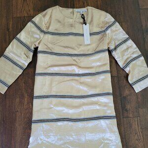 English Factory Gold Shiny Shift Dress Striped Silver Black L Large Minidress NW